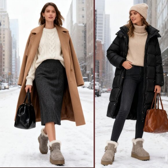 Women's Snow Winter Warm Hook Loop Gray Faux Fur Lining Booties Shoes - Picture 6 of 6